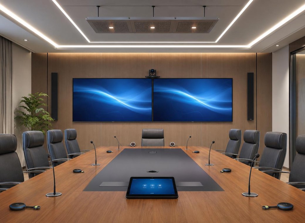 企业会议室实景：长桌双屏会议系统